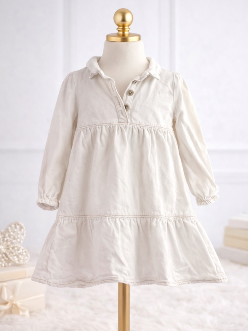 Cotton On Kids White Denim Dress Size 3 Toddler Long Sleeve Tiered Collared‎